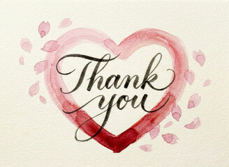 水彩ハートと手書き文字で彩るThank youのメッセージ