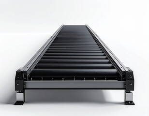 Black Industrial Roller Conveyor System with Cylindrical Rollers and Minimalist Background