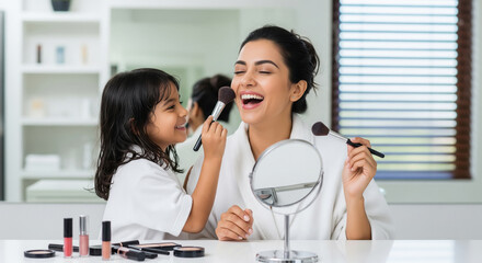 Joyful mother and daughter apply makeup together