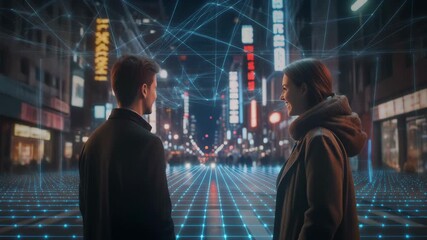 Couple gazing at city lights with network connections overlay - Powered by Adobe