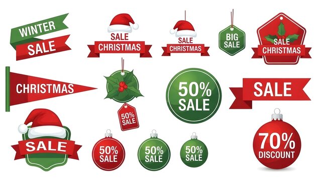 Collection of various christmas and winter sale promotion tags, banners, and badges with discount percentages isolated on white background