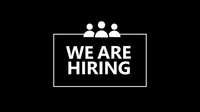 We are hiring message animation on blue corporate background. A bold “We Are Hiring” announcement graphic featuring three simplified human icons above.