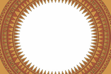 Traditional African tribal geometric round border design featuring sharp sawtooth edges and symmetrical warm earth tones in rich terracotta and tan, providing a dynamic ethnic frame template backgroun