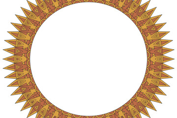 Decorative circular sunburst frame border featuring intricate ethnic tribal patterns and detailed geometric designs, colored in vibrant warm earth tones including orange, rust, and mustard yellow, ide