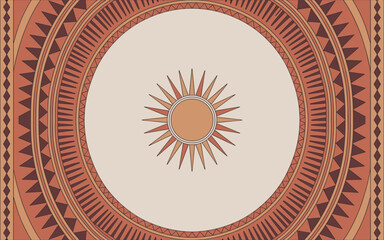 Geometric mandala sunburst pattern framed by concentric ethnic terracotta borders and tribal triangular shapes on a pale background, providing a symmetrical decorative vector element for ancient art i