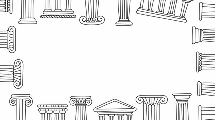 Stylized outline illustration of diverse classical Greek and Roman columns, pillars, and pediments creating a decorative architectural line art frame, perfect for history education, legal documents, p