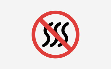 Prohibition sign warning against steam, heat, or vapor, featuring three black wavy lines crossed out by a red diagonal slash within a bold circle, illustrating restricted areas for gas, odor, and airb