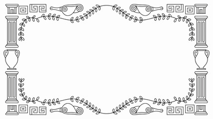 Elegant Greek mythological border frame template featuring detailed classical architectural columns, historical vases, laurel leaf vines, scroll elements, and meander key patterns, ideal for professio