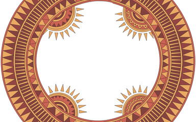 Ornate tribal geometric frame illustration in warm earth tones featuring intricate ethnic patterns and abstract sun motifs, providing an elegant decorative border and ample oval copy space for cultura