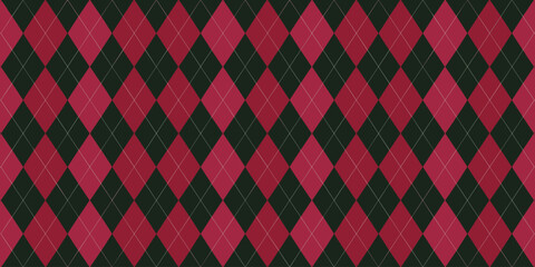 Classic traditional seamless argyle background pattern featuring deep hunter green and dark magenta red rhombus diamonds, overlaid with fine white lines, ideal graphic resource for winter fashion text