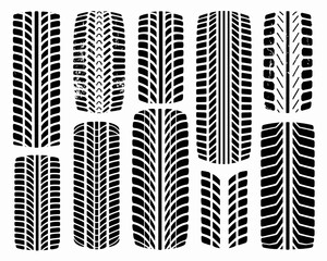 A large vector collection of diverse car tire tread patterns and rubber silhouettes, featuring high-traction, off-road, and racing designs, ideal graphic resource set for automotive industry branding,