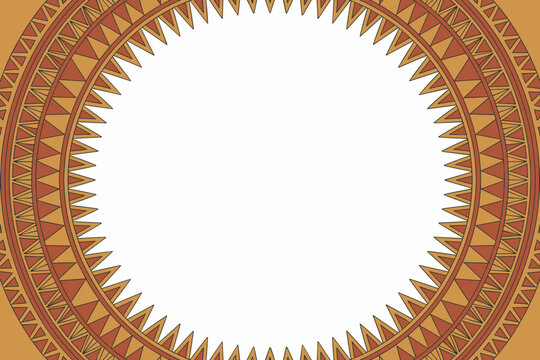 Traditional African tribal geometric round border design featuring sharp sawtooth edges and symmetrical warm earth tones in rich terracotta and tan, providing a dynamic ethnic frame template backgroun
