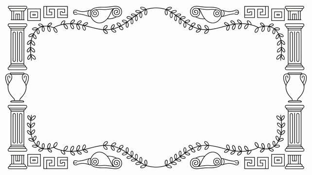 Elegant Greek mythological border frame template featuring detailed classical architectural columns, historical vases, laurel leaf vines, scroll elements, and meander key patterns, ideal for professio