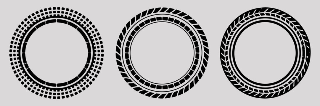 Three detailed vector tire tread patterns forming circular frame borders, isolated on a light gray background, illustrating modern automotive engineering, high performance racing grip, and rugged tran