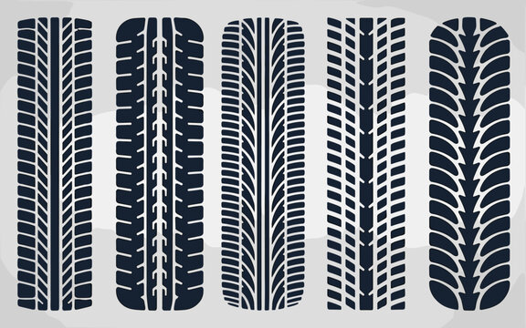 Collection of five diverse car tire tread patterns and unique rubber track graphic designs, showing detailed grooves for reliable traction, an essential automotive engineering vector illustration for