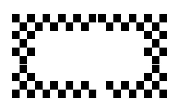 An abstract high-contrast black and white checkered flag pattern rectangular border design element providing clean copy space; graphic resource used for modern sports advertising, competitive event pr