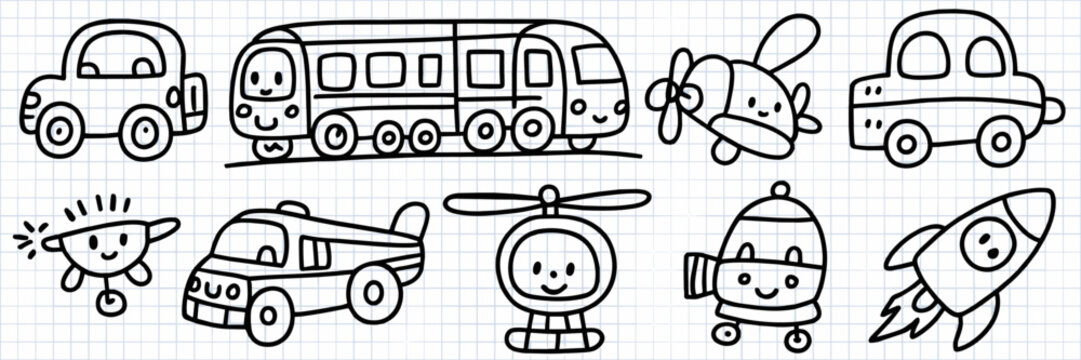 Black and white hand-drawn doodle art collection of cute transportation vehicles sketched in simple outline style, featuring road travel cars, articulated passenger bus, propeller biplane, rescue ambu