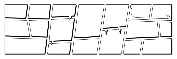 Dynamic blank comic strip panel layout grid template featuring various speech bubbles and irregular geometric shapes, outlined with thick black borders and dramatic drop shadows. Essential vector grap