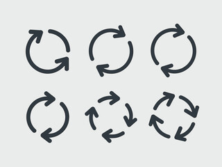 Obraz premium Set of recycling symbols and refresh icons, showing continuous circular arrow loops representing ongoing processes, rotation, workflow, renewal, data loading, and sustainable technology solutions for