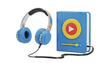 Vibrant Blue Headphones Connected to a Play Button Decorated Digital Audio Player On Transparent Background