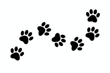 Black animal paw prints tracing a fluid, winding path across a clear white background, symbolizing the tracking and journey of a happy domestic dog or cat pet, useful graphic resource for adoption, ve