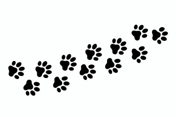 Continuous diagonal trail of black animal paw prints vector graphic illustration on a pure white background, depicting dog or cat steps and movement, perfect for pet store branding, veterinary care ma