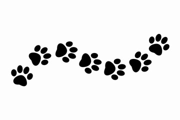 Sequential black vector paw prints track creating a decorative border trail, representing a dog or cat's walking journey on a bright white background, used for minimalist graphic design, veterinary br