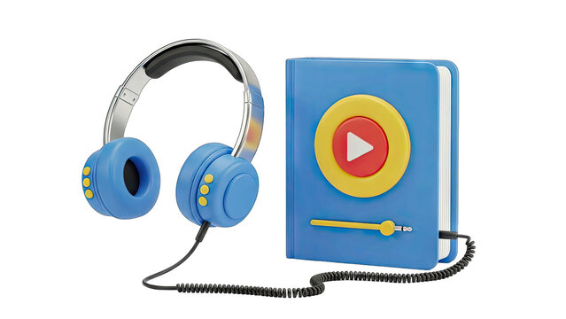 Vibrant Blue Headphones Connected to a Play Button Decorated Digital Audio Player On Transparent Background - Powered by Adobe