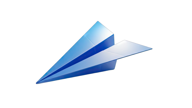 Vibrant Blue Paper Airplane Ascending on a Clean White Background Representing Travel and Imagination