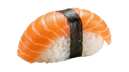 Salmon nigiri isolated PNG, traditional Japanese sushi with rice and seaweed on transparent background, delicious seafood delicacy