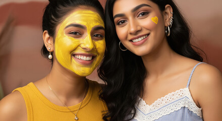 Two happy women enjoying beauty mask and heart together