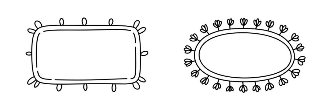 Hand drawn cute decorative frames set featuring rounded rectangular and oval borders adorned with simple floral doodle outline elements, perfect vector graphic resources for labels, wedding invitation - Powered by Adobe