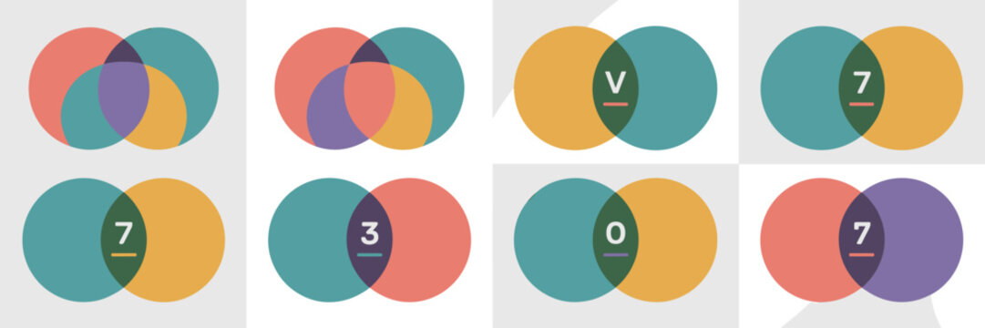 Collection of modern colorful geometric Venn diagrams illustrating statistical data visualization, set theory, and complex overlapping relationships for business strategy planning, educational process - Powered by Adobe