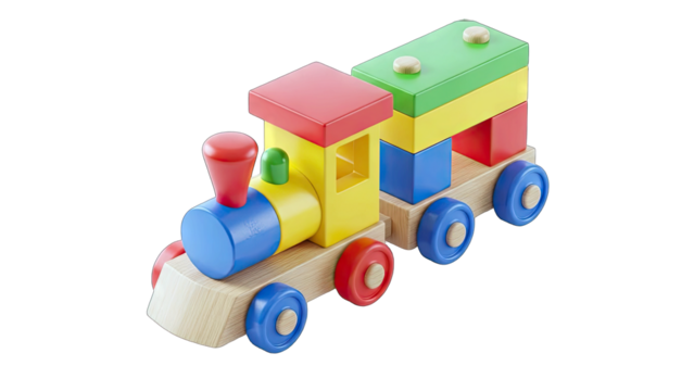 Vibrant Colorful Wooden Toy Train With Red Blue Yellow Green Blocks On A White Background For Children And Education