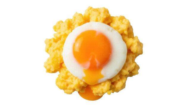 Delicious sunny side up egg on scrambled eggs isolated PNG, breakfast food on transparent background for restaurant menu and cooking concepts - Powered by Adobe