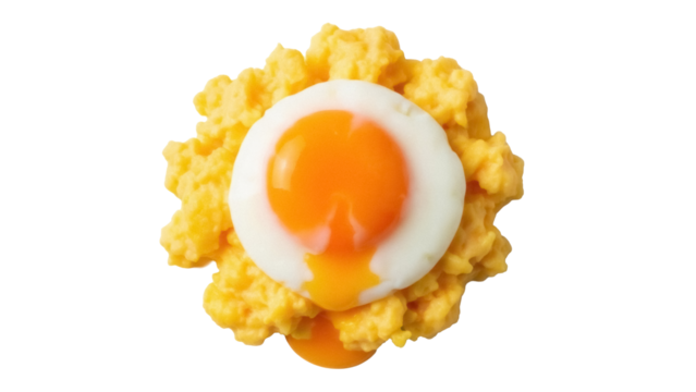 Delicious sunny side up egg on scrambled eggs isolated PNG, breakfast food on transparent background for restaurant menu and cooking concepts