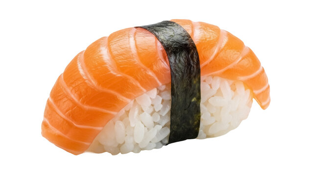 Salmon nigiri isolated PNG, traditional Japanese sushi with rice and seaweed on transparent background, delicious seafood delicacy