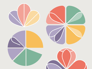 Abstract floral geometric vector design elements arranged in colorful infographic circular pie chart diagrams and organic patterns, ideal for modern feminine brand identity, corporate business present