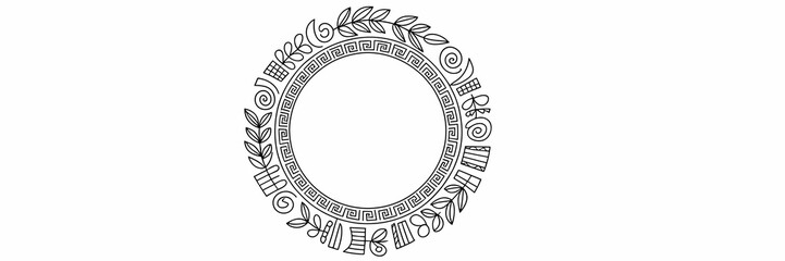 Elegant round decorative Greek key meander border frame template with repeating laurel branches and various spiral geometric ornamental patterns in a modern minimalist monochrome line art vector style