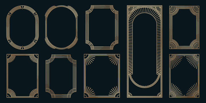A sophisticated collection of luxurious Art Deco vector frames and ornamental borders, featuring sunburst radial corners, geometric shapes, and golden stepped linear patterns, ideal for high-end vinta