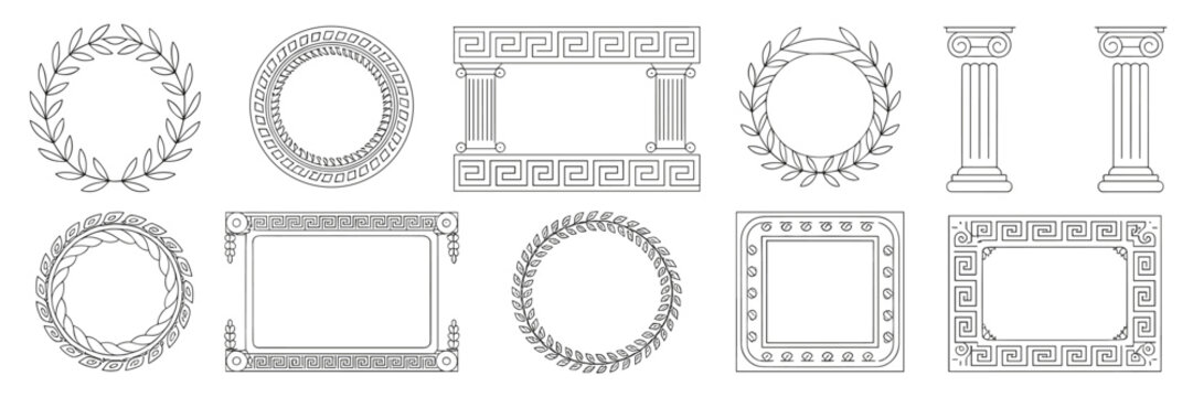 Elegant vector line art collection of ancient Greek and Roman frames and borders, including geometric meander patterns, circular laurel wreaths, decorative olive branches, and architectural column ele