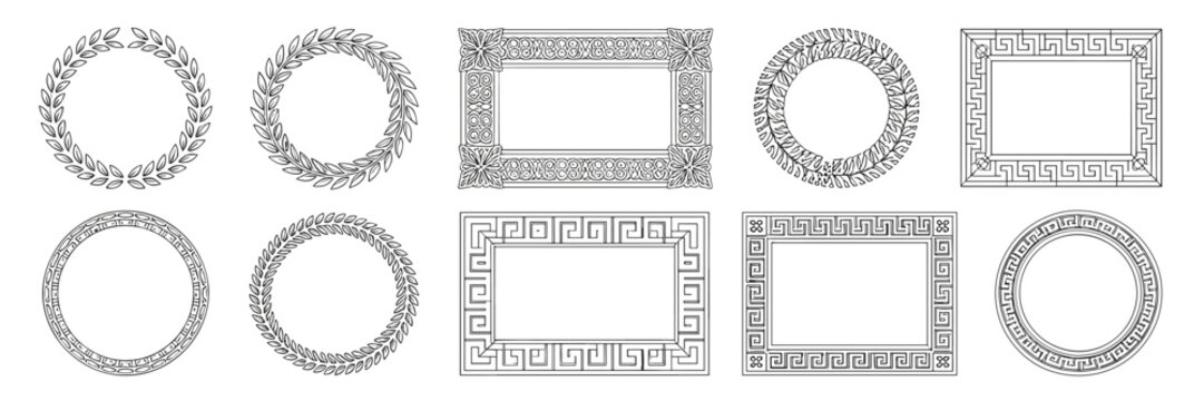 Ten detailed classical Greek and Roman vector frames featuring diverse antique meander patterns, stylized laurel wreaths, and ornamental decorative borders, ideal graphic resources for official diplom