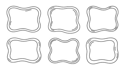 Collection of six playful hand-drawn wavy frames and borders vector illustration set, empty outline minimalist black and white text boxes template used for cute marketing labels, sticker badges, moder