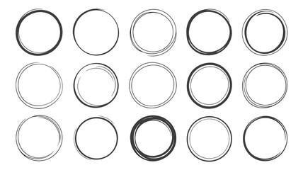 A large collection of fifteen irregular hand-drawn circle frames and sketchy rings, providing rough artistic doodle borders for modern minimalist logo design, vector illustrations, highlighting elemen