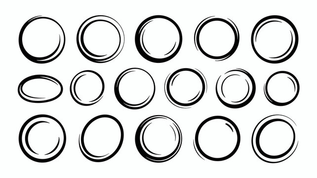 Large collection of artistic hand-drawn circle and oval sketches, black ink marker frames providing emphasis and selection highlighting for modern digital graphic design, perfect minimalist doodle ele