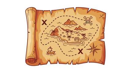 Vintage pirate treasure map illustration on aged parchment scroll showing a tropical island landscape, X marks the spot, dotted path, skull, ship, and compass rose for historical discovery, education,