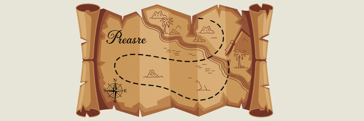 Detailed antique treasure map vector illustration on old folded brown parchment scroll, showing a dashed path tracing a rugged island journey across a coastline with mountains, palm trees, and a nauti