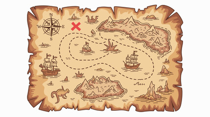 Detailed traditional vintage pirate treasure map illustration detailing a nautical voyage path across uncharted tropical islands and mountainous seas, featuring old galleon ships, a large compass rose