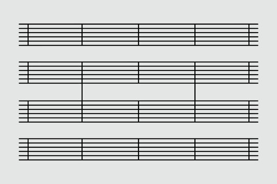 Clean blank sheet music score paper template displaying multiple five-line staves and measures, including a connected grand staff system for detailed piano, choral, or instrumental arrangement composi