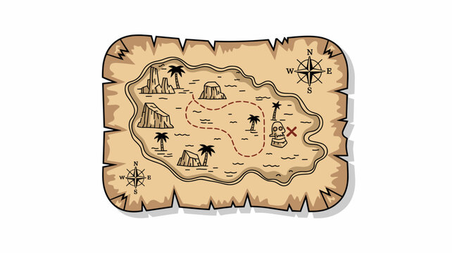 Classic hand drawn pirate treasure map vector illustration of an isolated tropical island featuring high rock formations, scattered palm trees, winding dotted route, directional compass, and a skull m